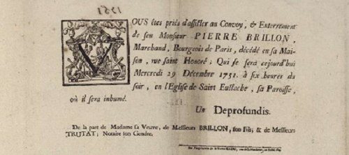 Placard d'un décès parisien 1751 placard_deces